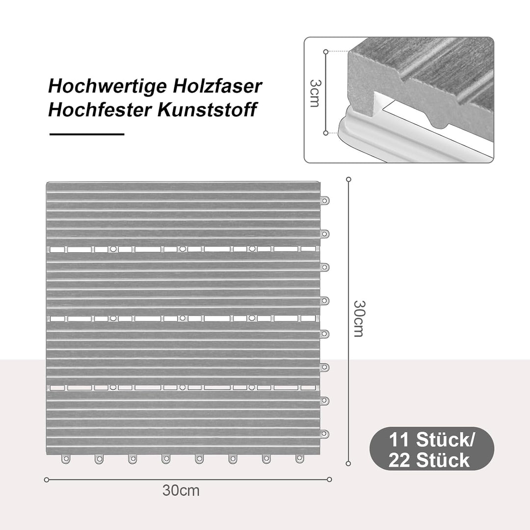 Laneetal WPC Fliesen 22er Set für 2 m², für Aussen Terrasse Balkon, Terrassenfliesen Klicksystem 30x