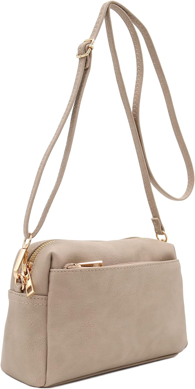 FashionPuzzle Kleine Umhängetasche mit 3 Reissverschlüssen Beige Ziegelstein, Beige Ziegelstein