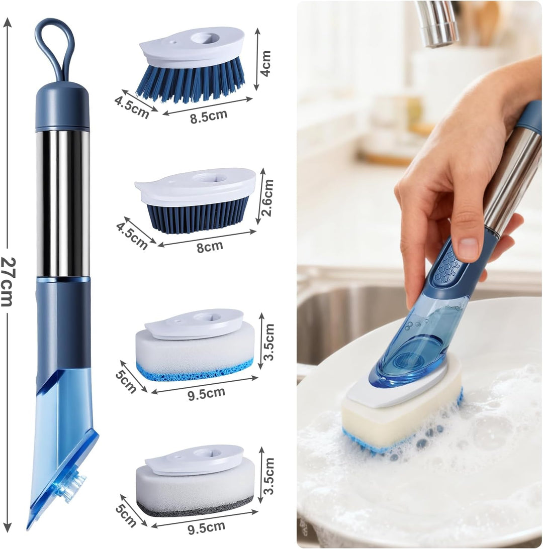 Zvonema Spülbürste mit Spender, 27 cm, Spülbürste mit langem Griff, mit 4 Ersatzköpfen, langlebig un
