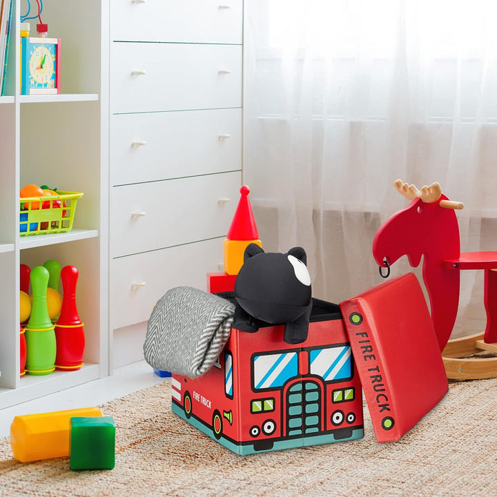 Relaxdays Faltbare Spielzeugkiste Feuerwehr HBT 32 x 48 x 32 cm stabiler Kinder Sitzhocker als Spiel