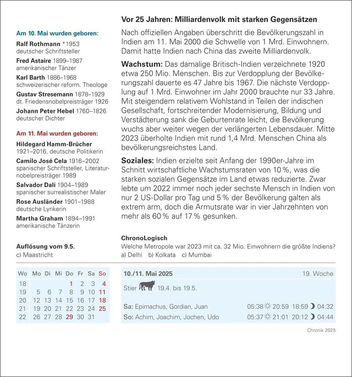 Chronik Tagesabreisskalender 2025 - Kulturkalender - Personen, Ereignisse, Schauplätze: Was geschah