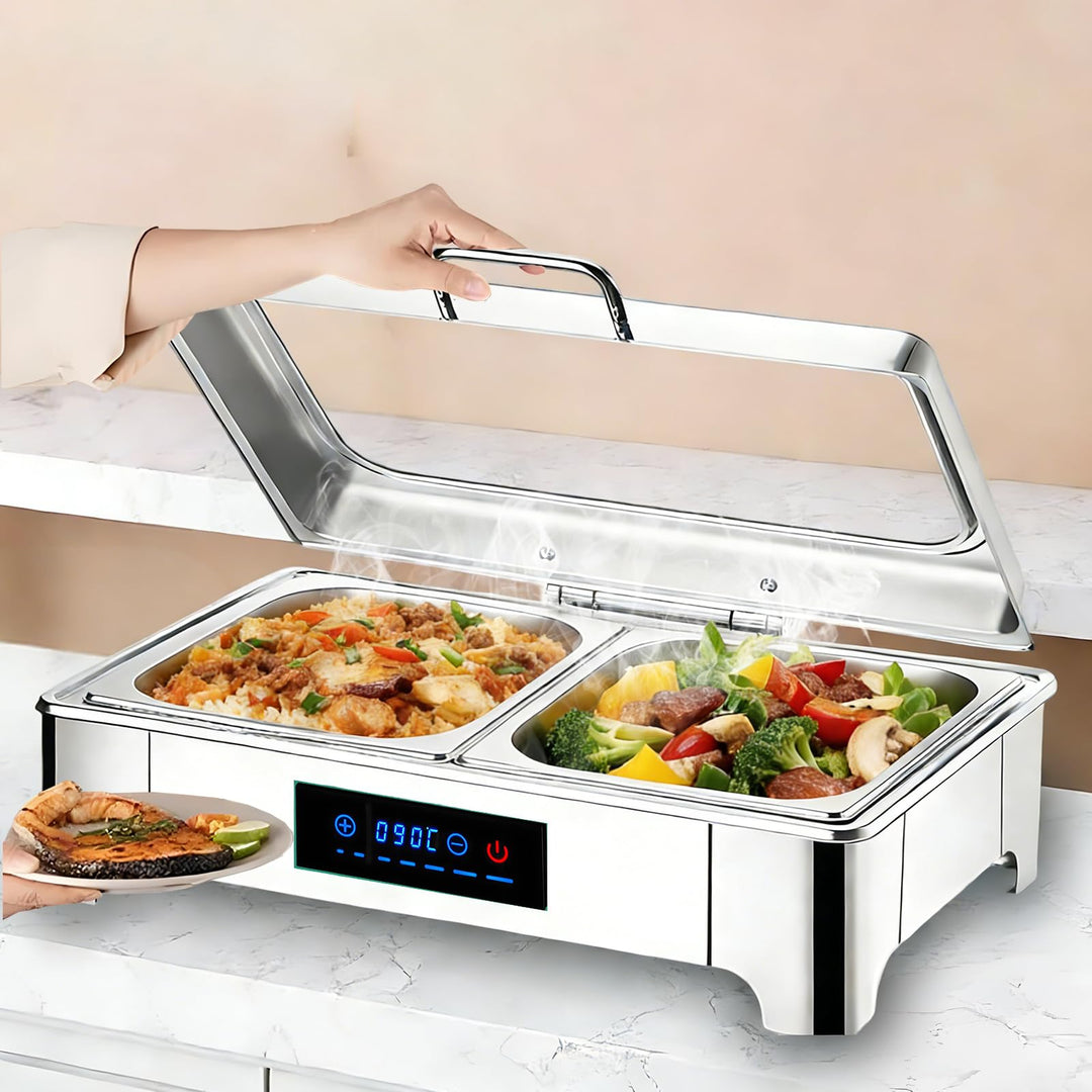 Elektrischer Chafing Dish Glasdeckel, 9L Edelstahl Speisewärmer Buffetwärmer Elektrisch Einstellbare
