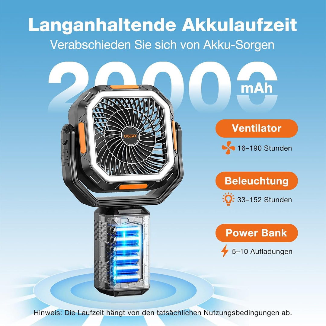 OGERY F21 Camping Ventilator mit Ständer, 20000mAh Wiederaufladbarer Akku, LED-Laterne, Leistungssta