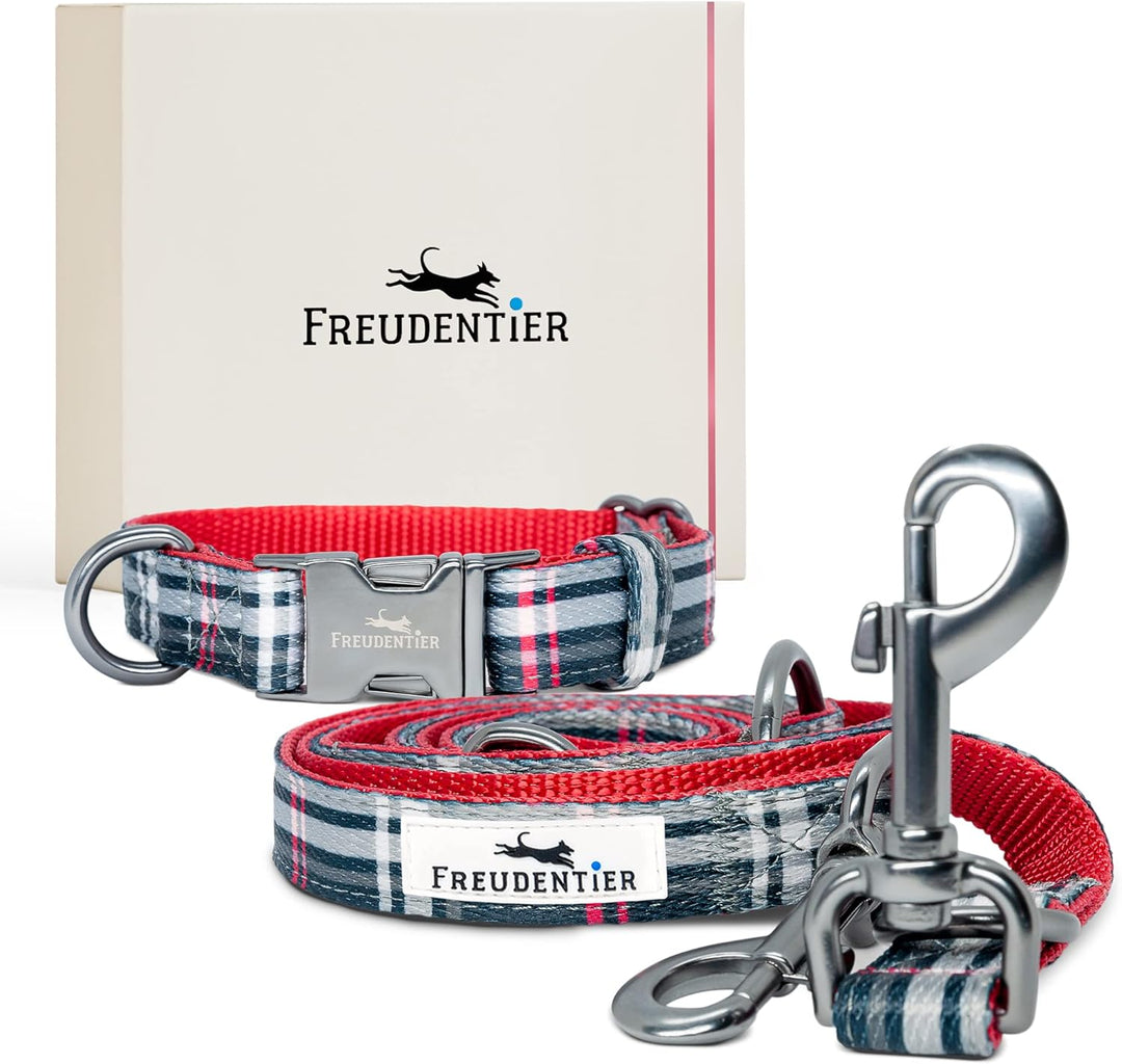 FREUDENTIER® Hundehalsband und 3-Fach verstellbare Führleine (2m) im Set - Edinburgh Kollektion - Ro
