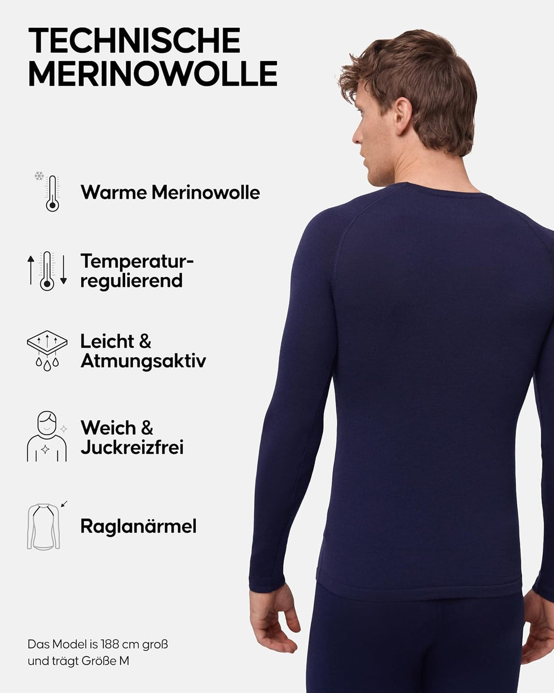 DANISH ENDURANCE Merino Langarm Shirt Herren, Premium Thermo-Unterwäsche, Temperaturregulierendes Fu