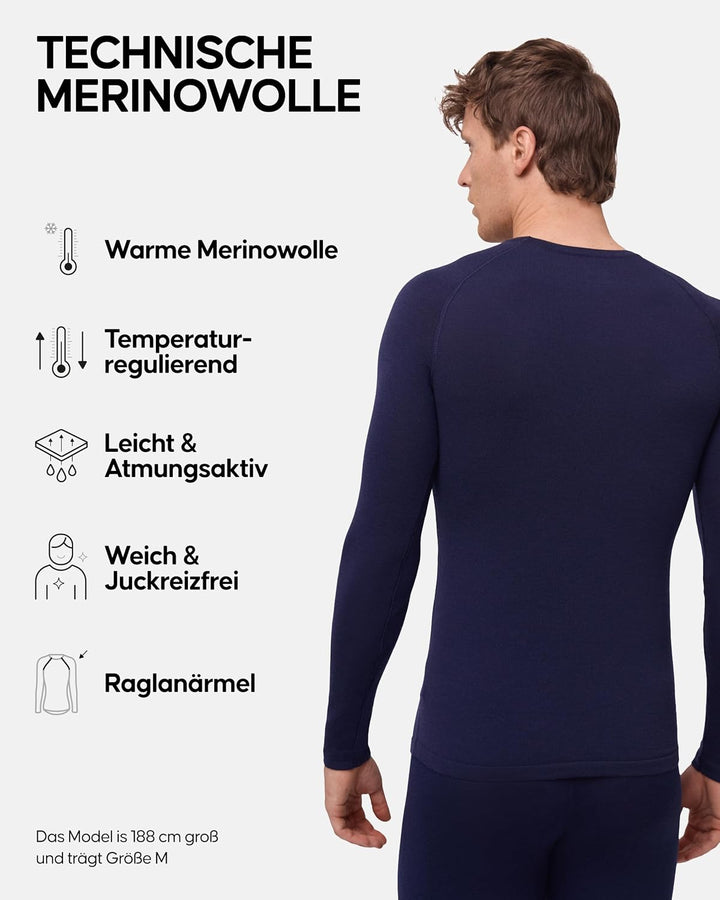 DANISH ENDURANCE Merino Langarm Shirt Herren, Premium Thermo-Unterwäsche, Temperaturregulierendes Fu