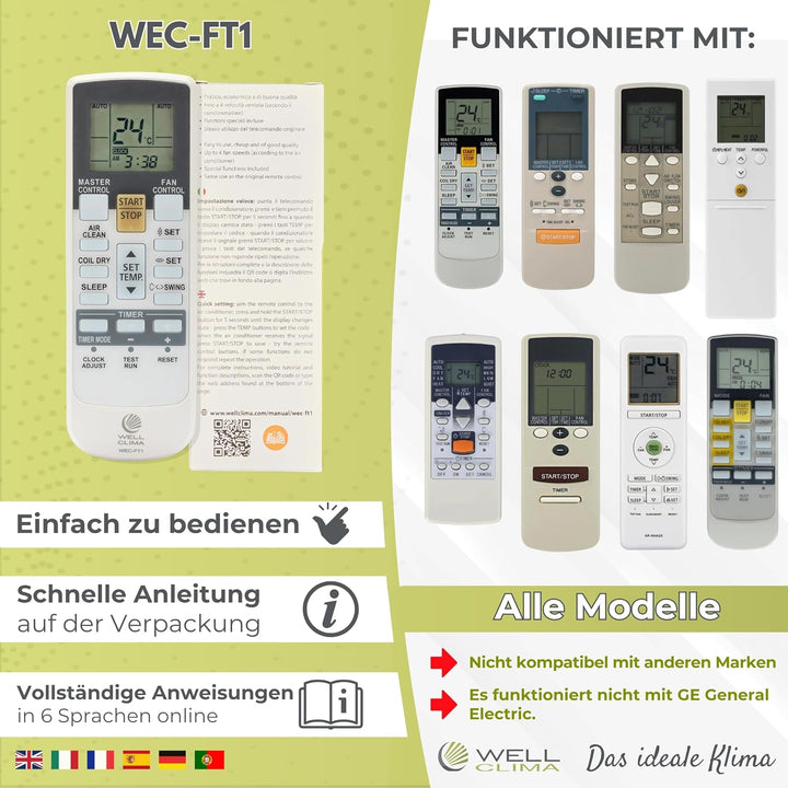 Wellclima WEC-FT1 Fernbedienung Kompatibel mit Fujitsu und General Klimaanlagen, Originaldesign, Erw