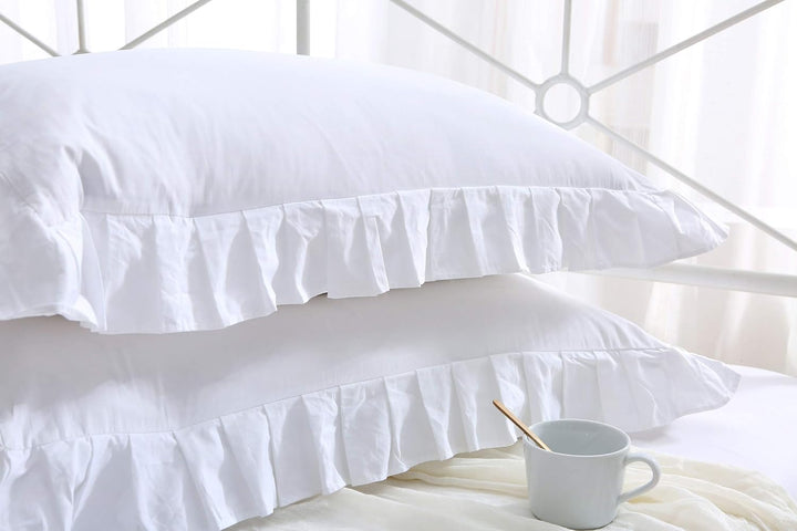 Meaning4 Kissenbezüge mit Saum Rüschen Baumwolle Weisse Bettwäsche 40 x 60 cm 2 Stück Weisse 40X60CM