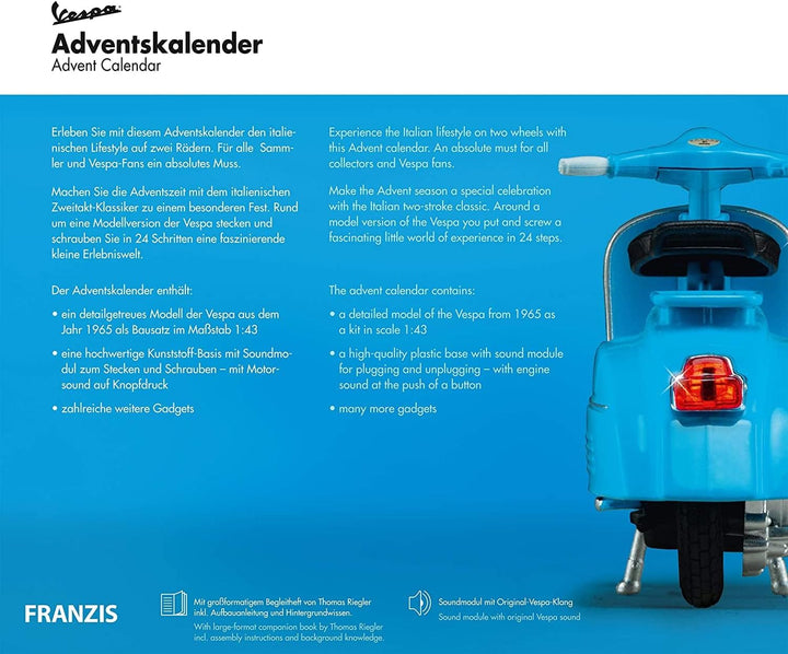 FRANZIS 67109 - Vespa Adventskalender 2020 – Modellbausatz im Massstab 1:43, inkl. Soundmodul und 52
