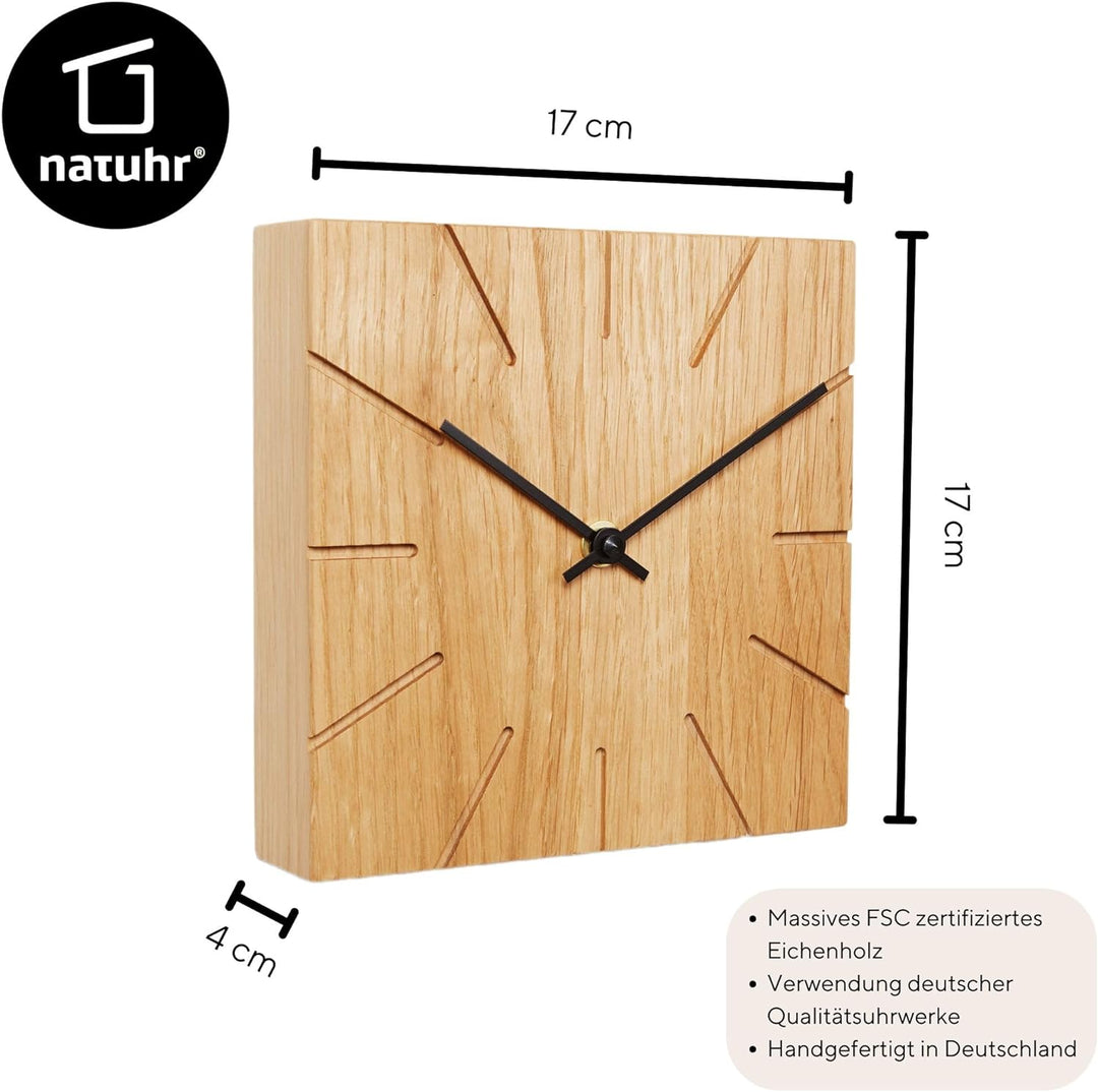 Natuhr Funkuhr Wanduhr Tischuhr Holz - Beam - geräuscharm Massivholz modern Design 17 x 17 cm (Eiche