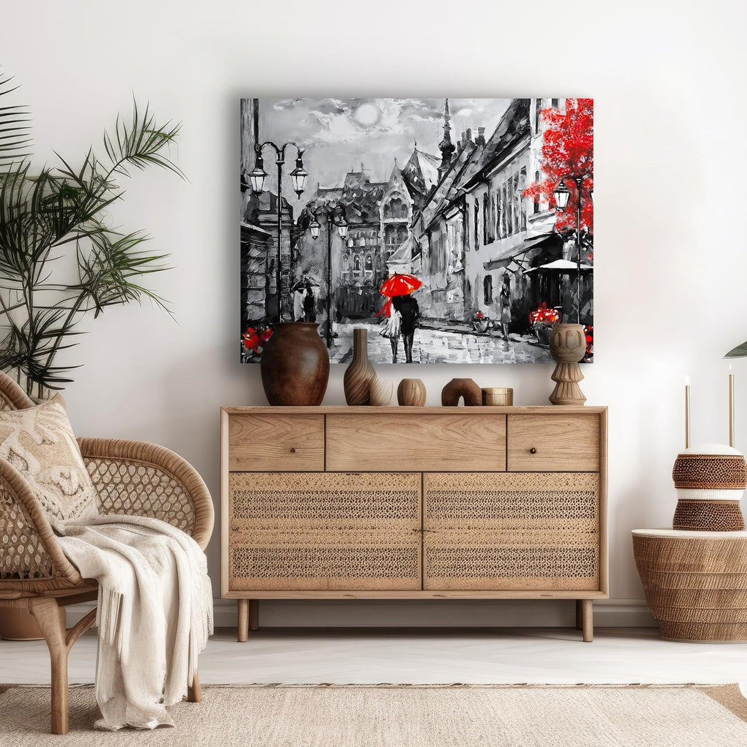 wandmotiv24 Leinwandbild Malerei, 60x45cm, Querformat, Paar, Stadt, Regenschirm, Deko, Bilder auf Le