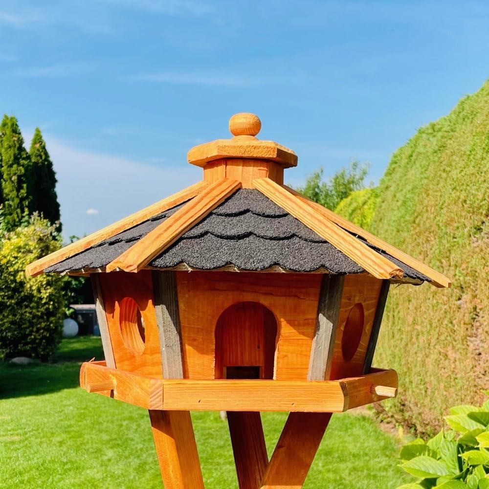 Vogel Futter Haus L oder XL Sechseck Holz Vogelhaus Futterstelle Braun/Blau, Rot, Schwarz und Grün (