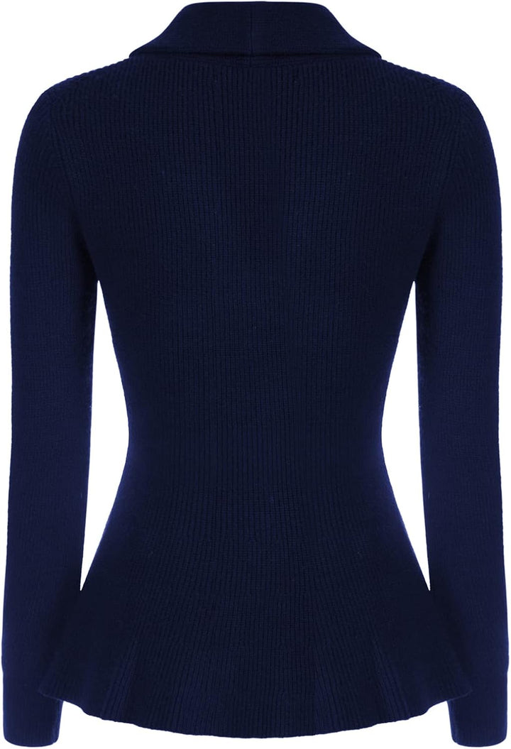 Belle Poque Damen Strickjacke Langarm Reverskragen Cardigan mit Rüschensaum Casual Strickmantel L Ma