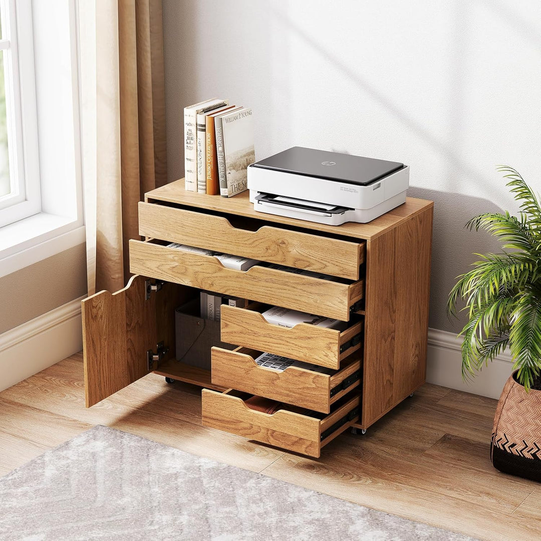 KOMFOTTEU Aktenschrank mit Rollen, Bürocontainer mit 5 Schubladen & 1 Schrank, Rollcontainer Schubla