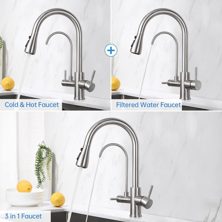 3 Wege Wasserhahn Edelstahl, 360° Drehbar Trinkwasserhahn mit Ausziehbarer Handbrause, 3 in 1 Küchen