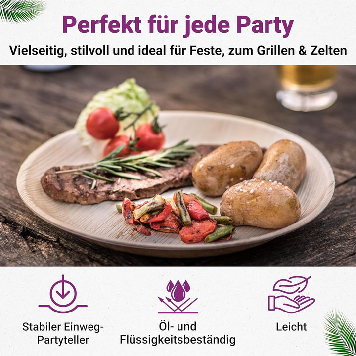 Waipur Bio Palmblatt-Teller - 200 Teller rund gross Ø 25 cm - Premium Einweg Geschirr kompostierbar