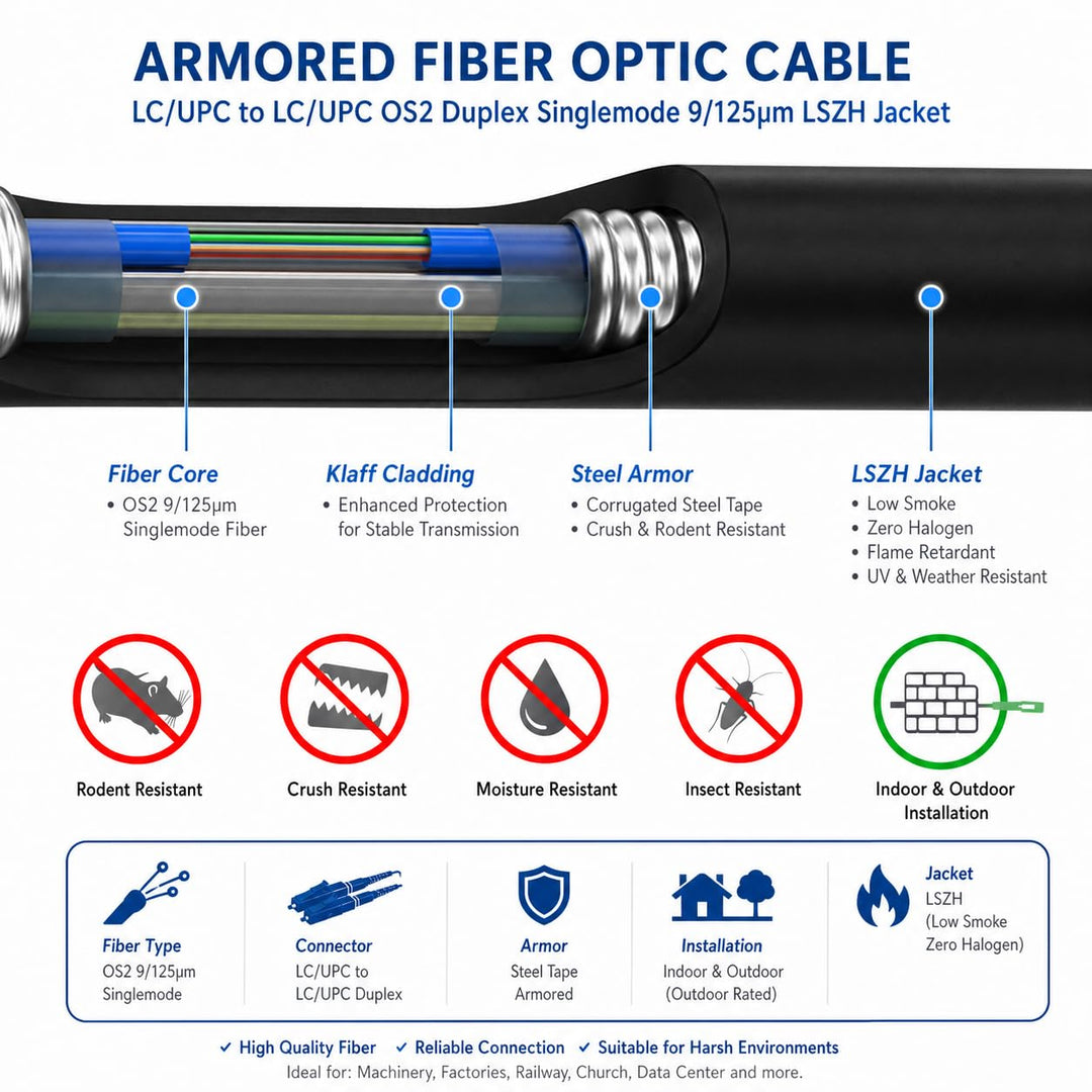 Elfcam® - 150m Gepanzerte Glasfaser-kabel LC/UPC auf LC/UPC OS2 Duplex Singlemode 9/125µm LSZH, LWL-