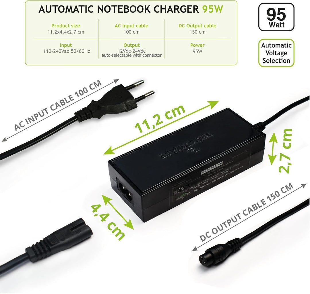 Tecnoware Universal-Ladegerät 95W für Notebook - Netzteil für PC mit 10 Steckverbindern kompatibel m