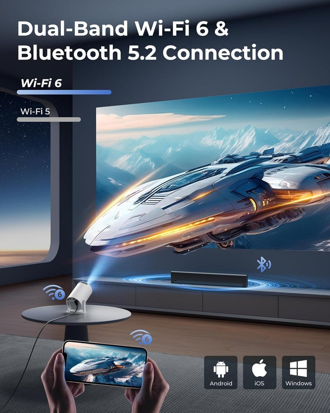 Mini Beamer Unterstützt 4K 1080P, Tragbarer Projektor mit WiFi 6 und Bluetooth 5.4, Kleiner Projekto