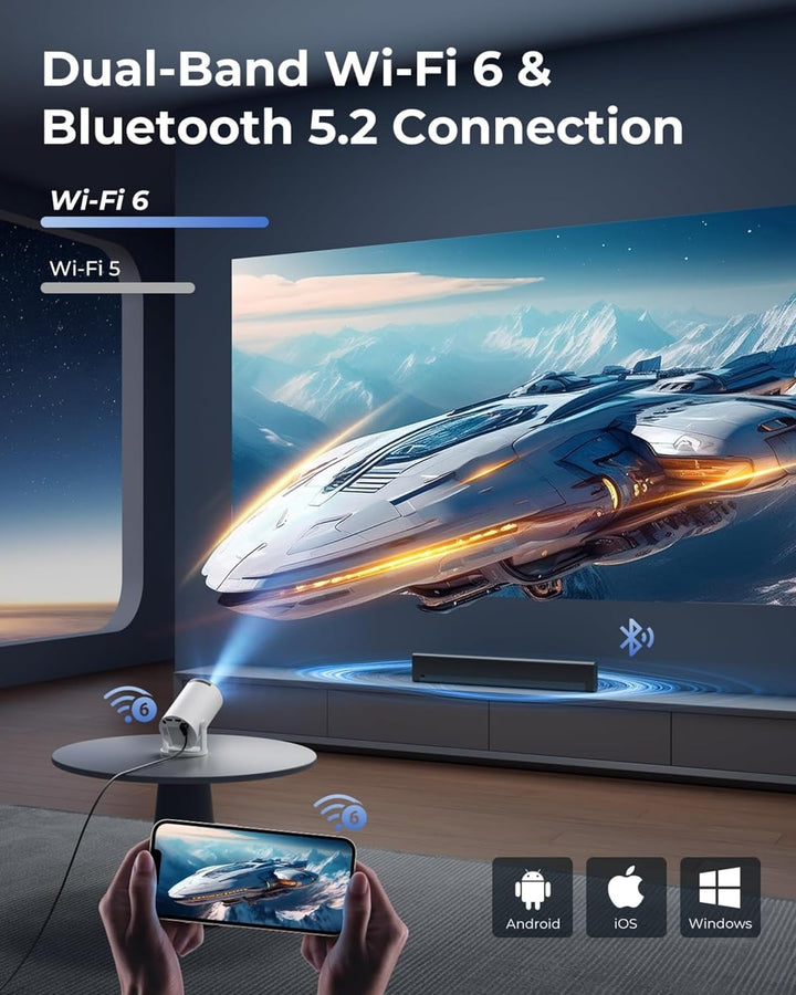 Mini Beamer Unterstützt 4K 1080P, Tragbarer Projektor mit WiFi 6 und Bluetooth 5.4, Kleiner Projekto