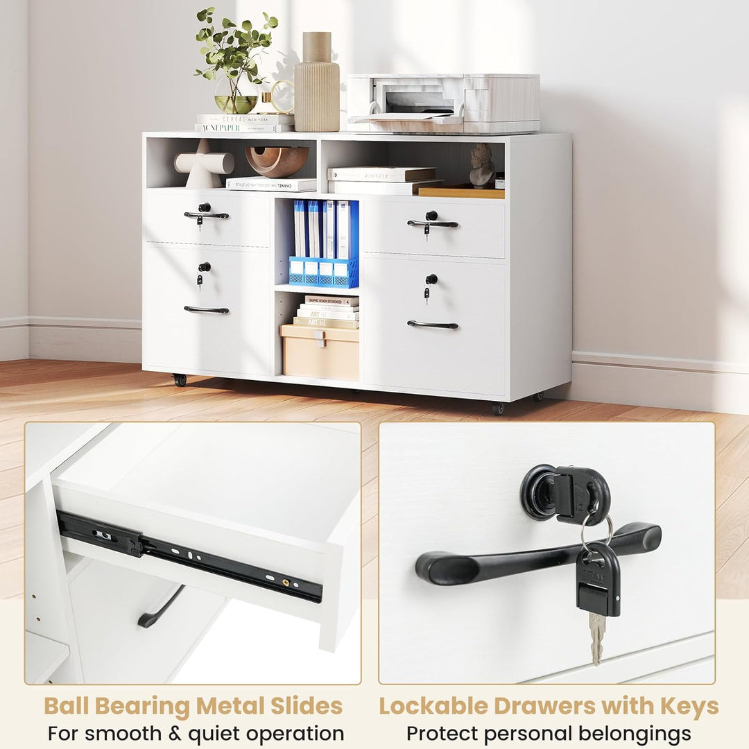 KOMFOTTEU Aktenschrank mit Rollen, Rollcontainer abschliessbar mit 4 Schubladen, Bürowagen mit verst