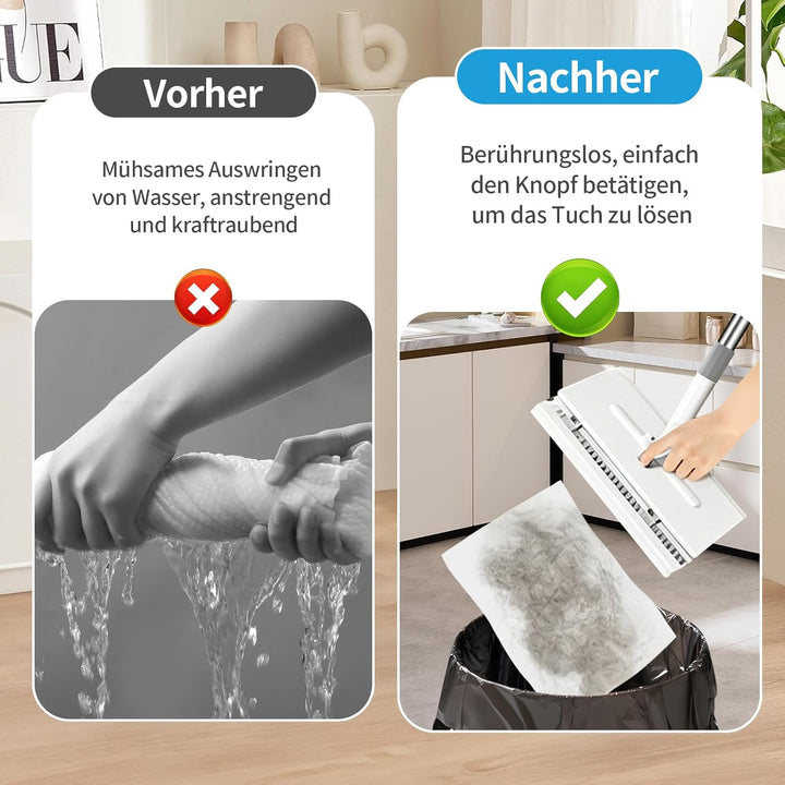 Wischmopp mit Druck-Klemm-System, Mini Mopp mit Automatischem Tuchwechsel, 1-Knopf-Wechsel, Automati