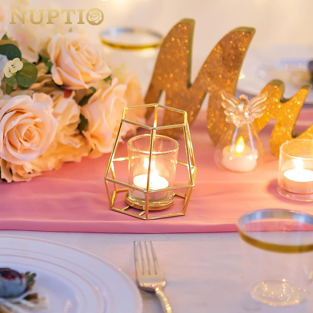 Nuptio Geometrische Teelichthalter Gold - 2 Stück Kerzenhalter für Stumpenkerzen mit Votivglas Kerze