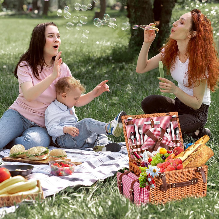 Picknickkorb 4 Personen,Picknickkorb mit Kühlfach und wasserdichte Picknickdecke, Piknik Korb Set mi