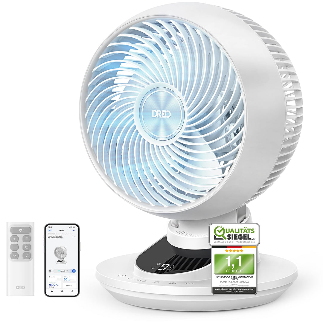 DREO 3D-Luftstrom Tischventilator – Leistungsstark mit 8,8 m/s, 22 dB leise, 90° schwenkbar, Smart A