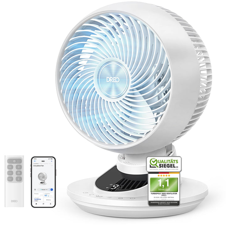 DREO 3D-Luftstrom Tischventilator – Leistungsstark mit 8,8 m/s, 22 dB leise, 90° schwenkbar, Smart A