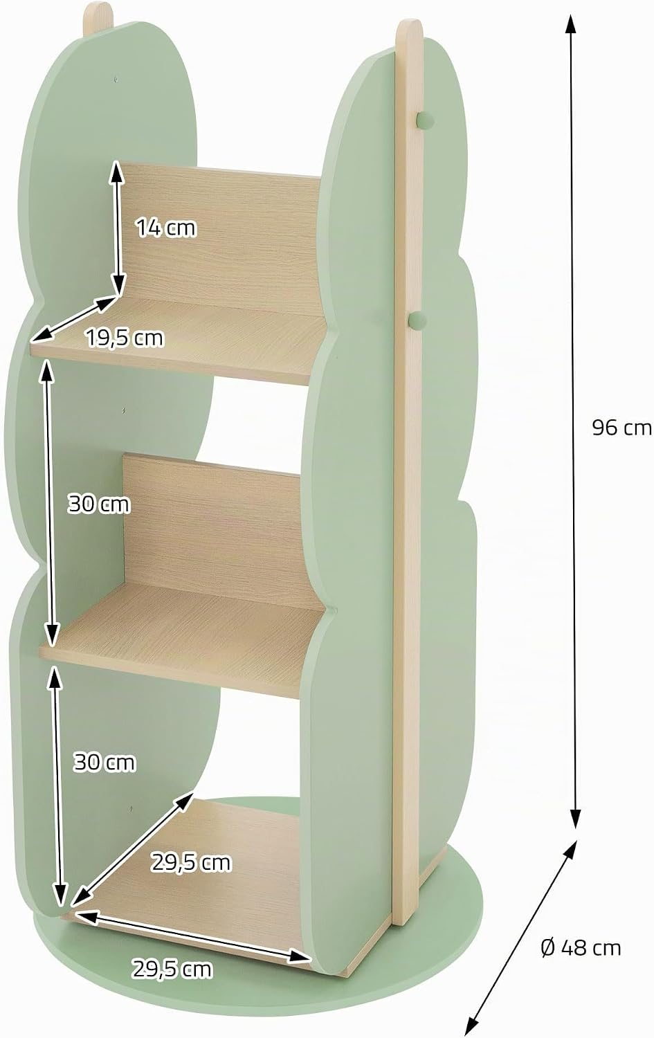 Joyz Bücherregal Kinder Baum-Form, Ø 48 x 96 cm, Grün-Natur, 2 Seitiges Kinderregal aus Holz mit 5 R