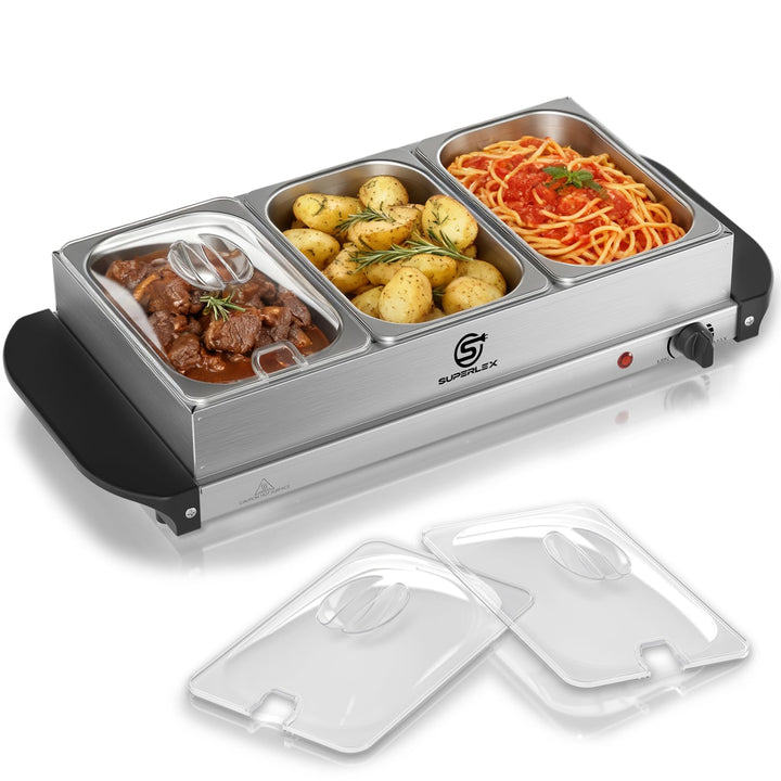 2in1 Warmhalteplatte und Buffetwärmer aus Edelstahl 200W mit 3x1,5L Speisebehältern Gleichmässige Wä