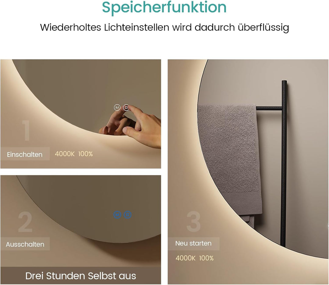 EMKE LED Badspiegel Rund 60 cm Durchmesser LED Spiegel Badezimmerspiegel mit Beleuchtung 3 Lichtfarb