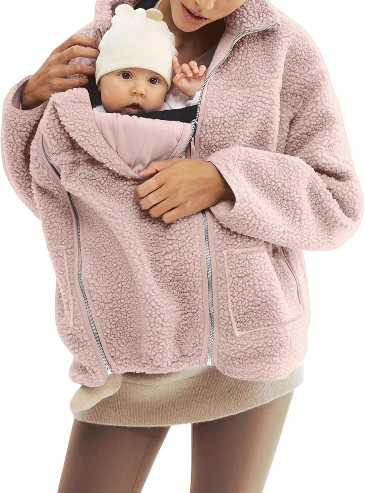 SYDUZAX Umstandsjacke mit Babyeinsatz Warm Teddy Fleecejacke Umstands Baumwolljacke Winter Umstandsm
