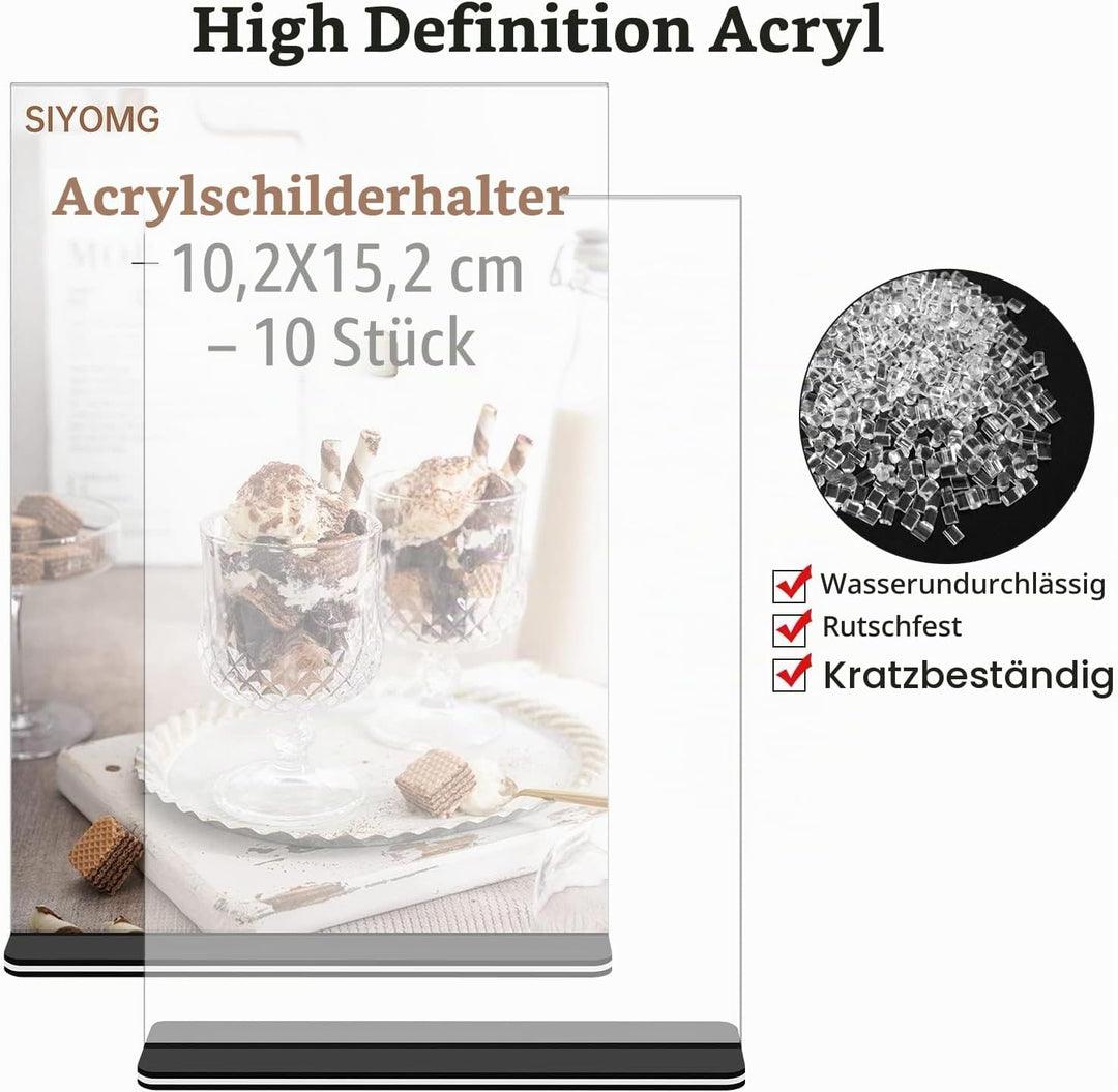SIYOMG Acryl Schildhalter, 10 Pack 15x10 cm Klarer Kunststoff Display-Ständer, Doppelseitige Vertika