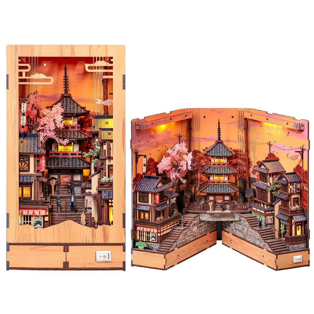 CUTEBEE 3D-Holzmodell Bausatz mit LED-Warmlicht, Japan Kyoto Strasse Bücherregal-Einsatz, Miniaturha