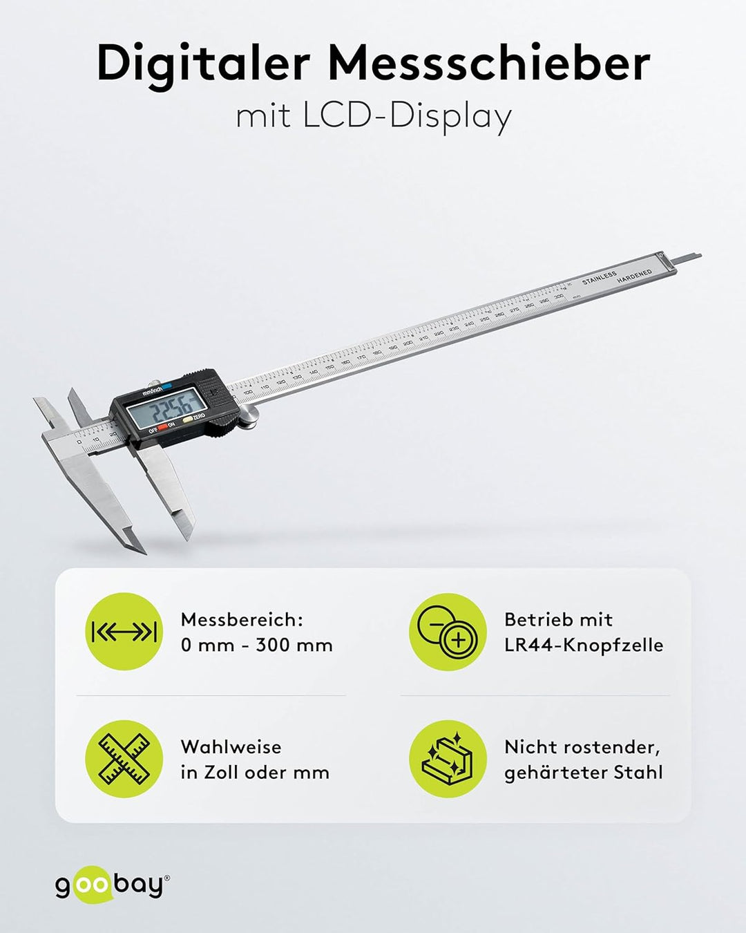 Goobay 77139 Messschieber digital 0 - 300 mm / Elektrische Schieblehre digital 12 Zoll / Für Tiefen-