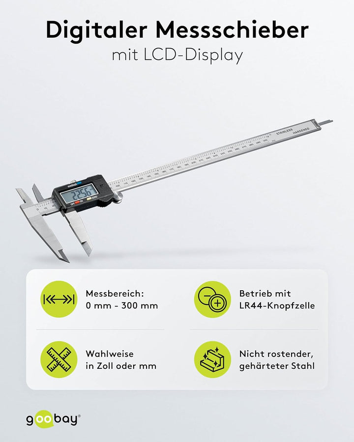 Goobay 77139 Messschieber digital 0 - 300 mm / Elektrische Schieblehre digital 12 Zoll / Für Tiefen-