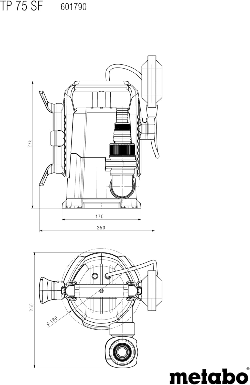 metabo Klarwasser‑Tauchpumpe TP 75 SF - 280 W, 7500 l/h, 6 m Förderhöhe, flachabsaugend bis 1 mm - S