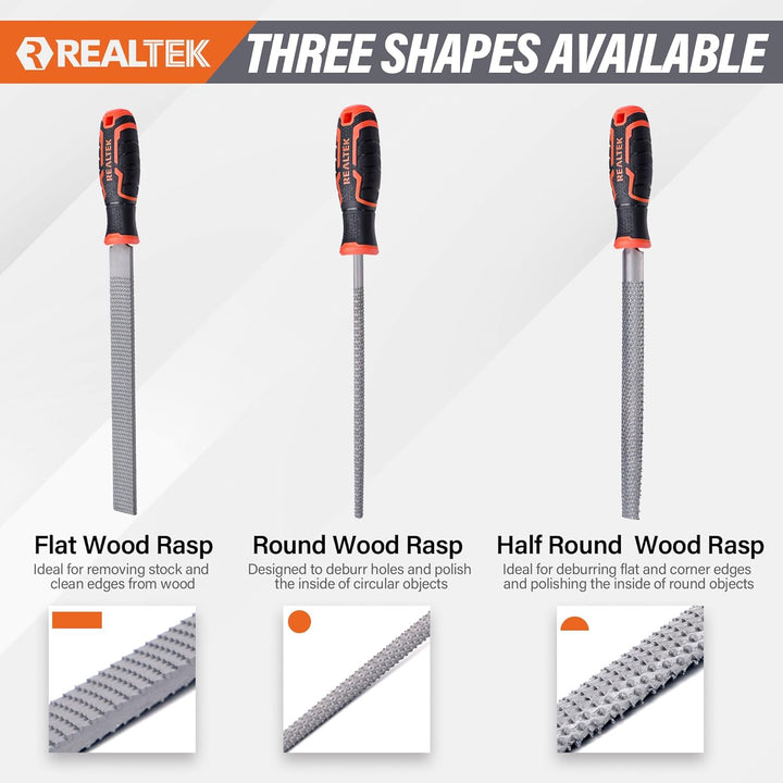 REALTEK Holzraspel Set 3tlg. inkl. Flachfeile Halbrundfeile Rundfeile, Klinge 200mm lang, Holzfeilen