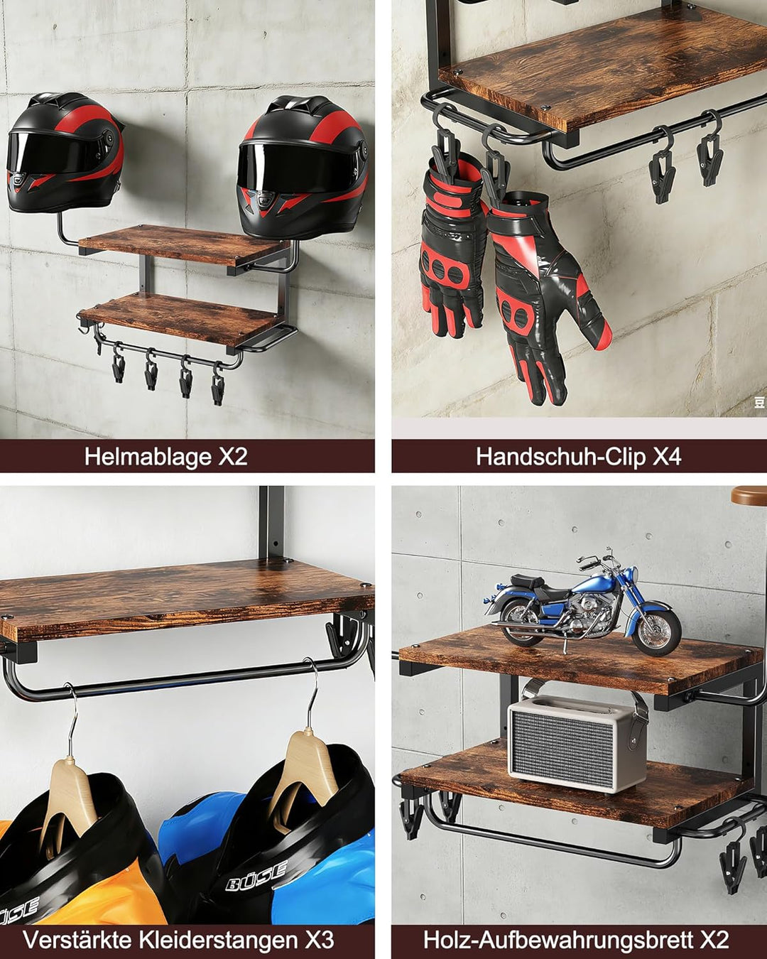 Motorradhelm Halterung Wand für 2 Helme, Motorrad Garderobe Wand mit Kleiderbügel und Haken, 30 kg T