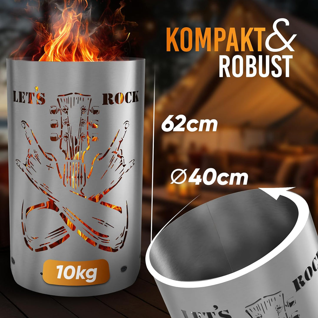 TiKo-Design® Feuertonne - Lagerfeuertonne - Feuerkorb mit Let`s Rock Motiv – Verleihen Sie Ihrem Gar