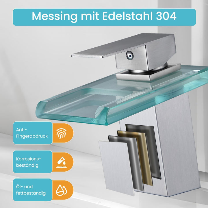 Wasserhahn Bad,Wasserfall Armatur Badezimmer Glas,Einhand-Waschtischarmatur,Gebürstet, Gebürstet