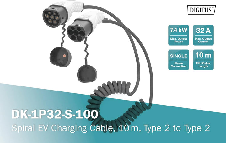 DIGITUS Kfz Ladekabel Spiral 10 m Typ 2 auf 2 m Schwarz Spirale einphasig 1-Phasig – 32 A – 7,4 kW S