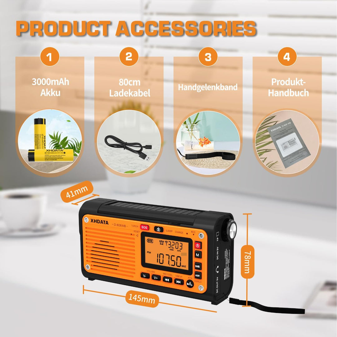 XHDATA D608WB Tragbares Notfall Radio mit Kurbel Solarradio mit Kurbel 3000mAh Akku Wiederaufladbare