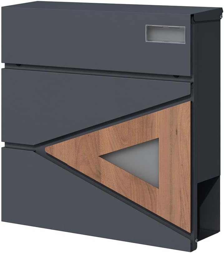 SCHARTEC Briefkasten SPB-8 anthrazit mit Holz Design und Zeitungsfach modern & gross Wandbriefkasten