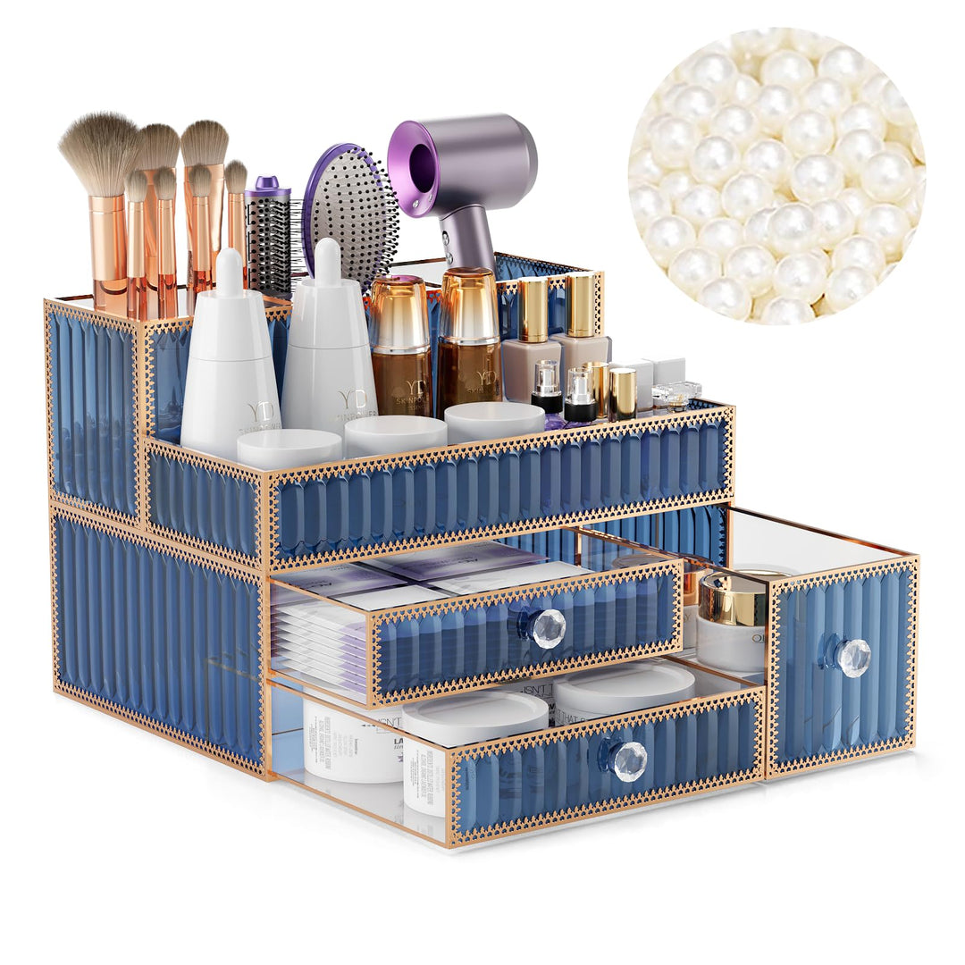Youdepot Kosmetik Organizer Blau aus gehärtetem Glas, Make-up Organizer für Schminktisch, Skincare,