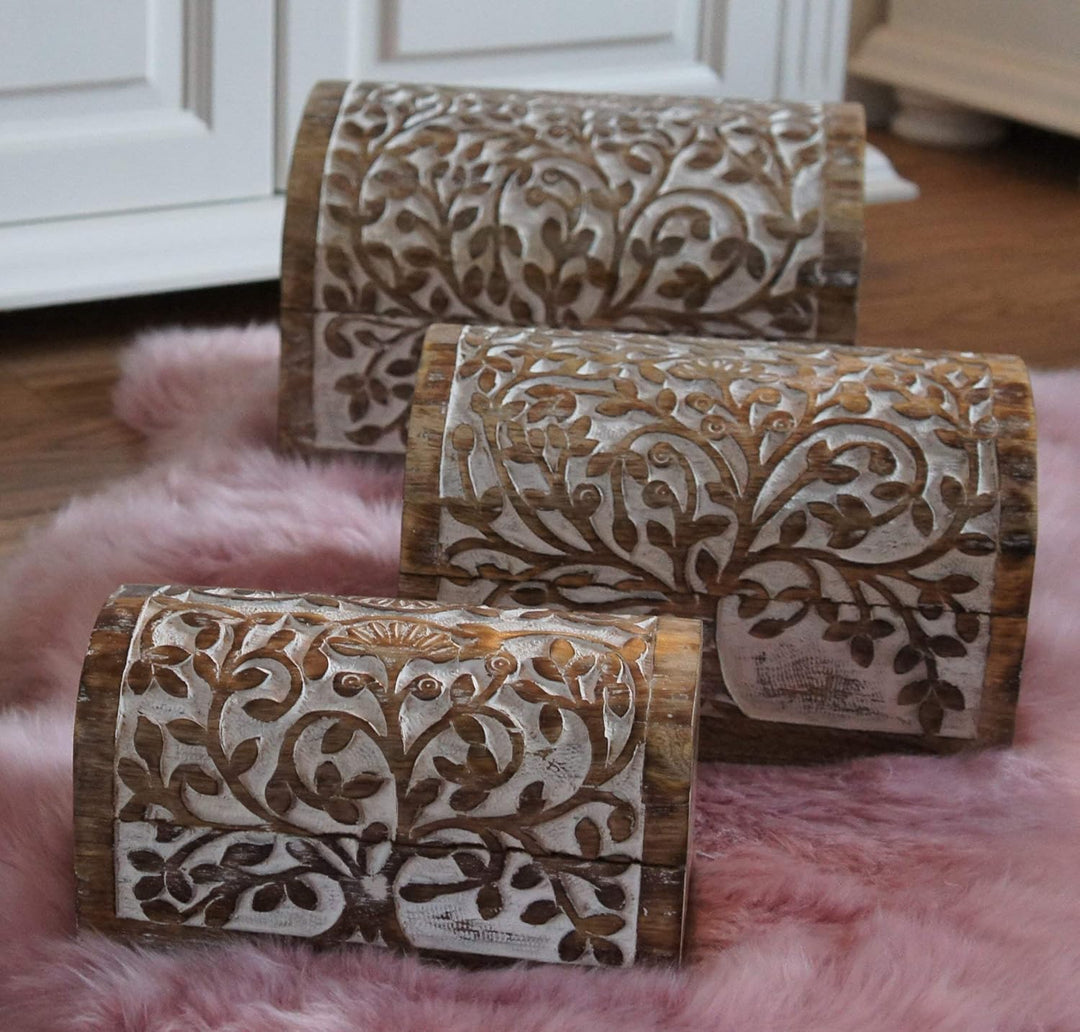 3 er Set Schatztruhen Baum des Lebens, massive Holz-Schatullen max.28 x 20 x 19 cm, white wash … Whi