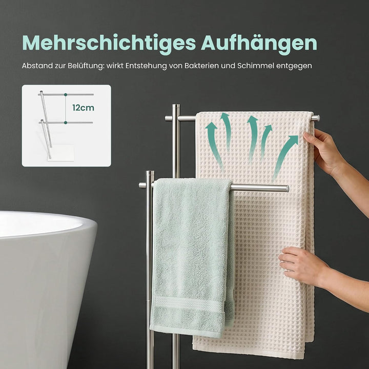 Mai &amp; Mai Handtuchhalter stehend mit 2 Stangen Handtuchständer ohne Bohren | Freistehender Badetuchh
