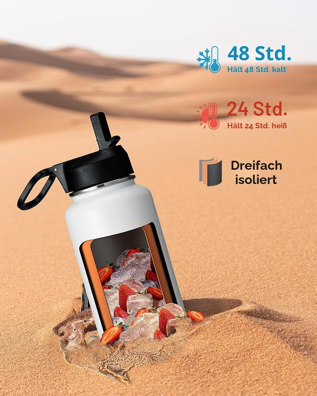 Coolflask Wasserflasche mit Strohhalm, isoliert, Edelstahl, Metall, 3 Deckel, Wasserflasche für Spor